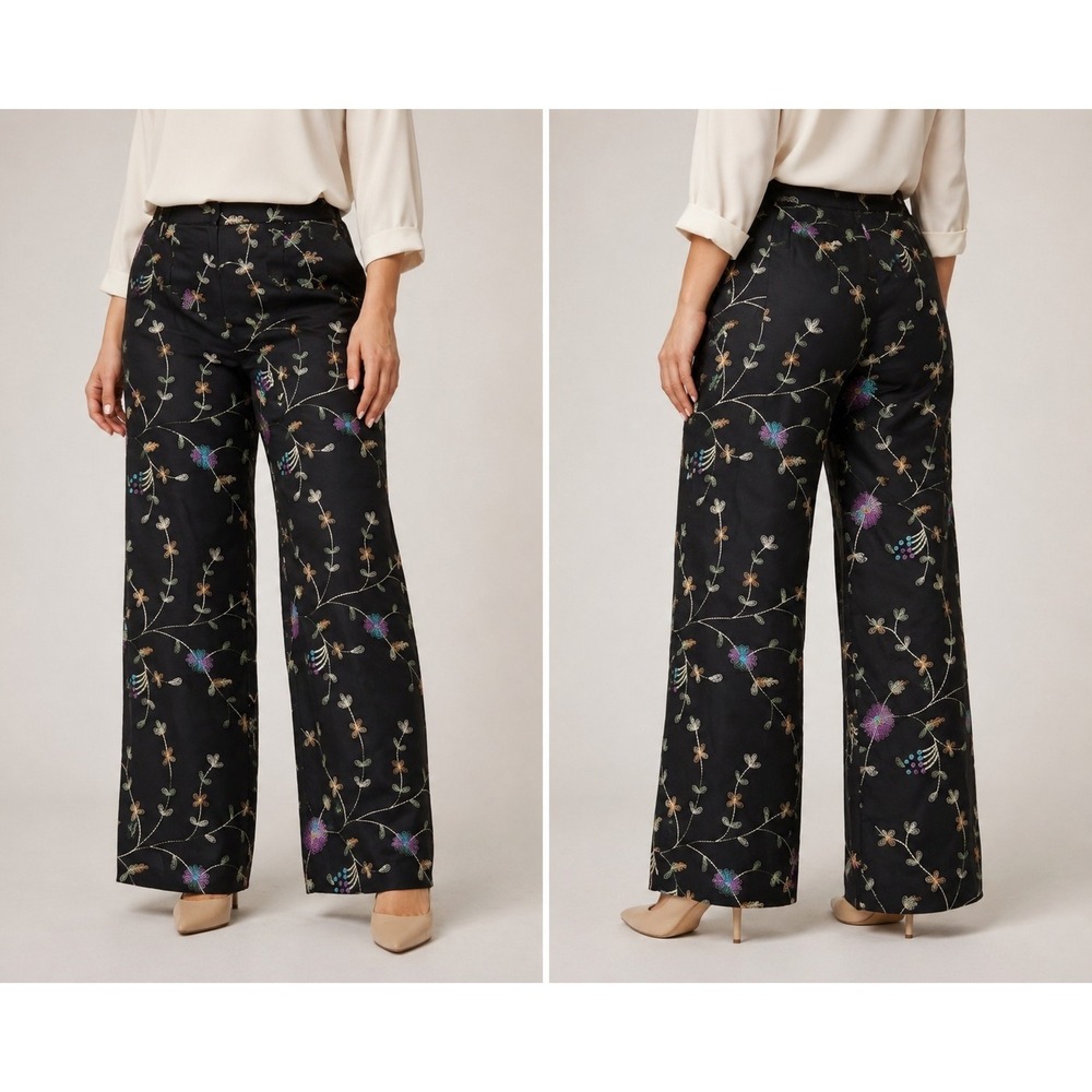 Anne Carson 100% Silk Embroidered Floral Wide Leg Pants Women's Size 6 Black